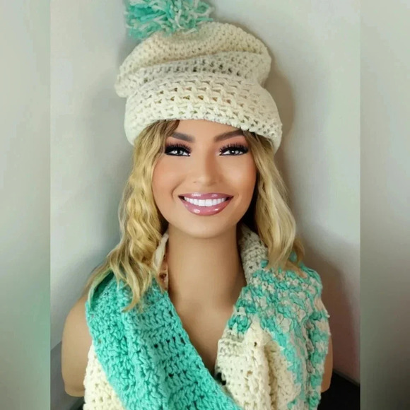 Accessories - New Handmade Cream Mint Green Slouch Hat Beanie and Women's Wrap Scarf S…